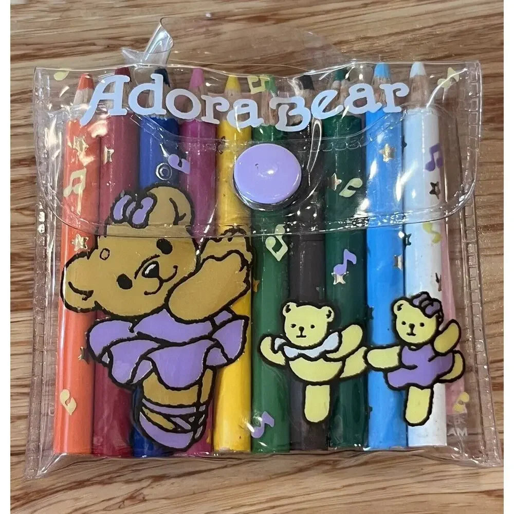 VTG Sanrio Adora Bear Mini Colored Pencils In Case W/ Sketch Book RARE 1991